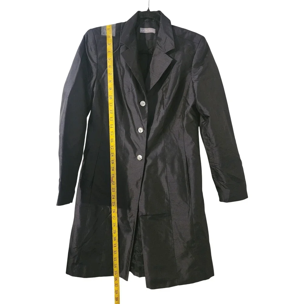 Kate Hill 100% Silk  Trench Coat Gray Black 3-Button Duster Jacket Size 4